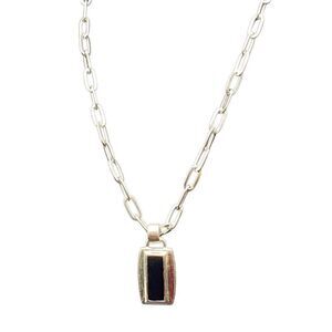 Silvertone paper clip chain with silver and black rectangular pendant